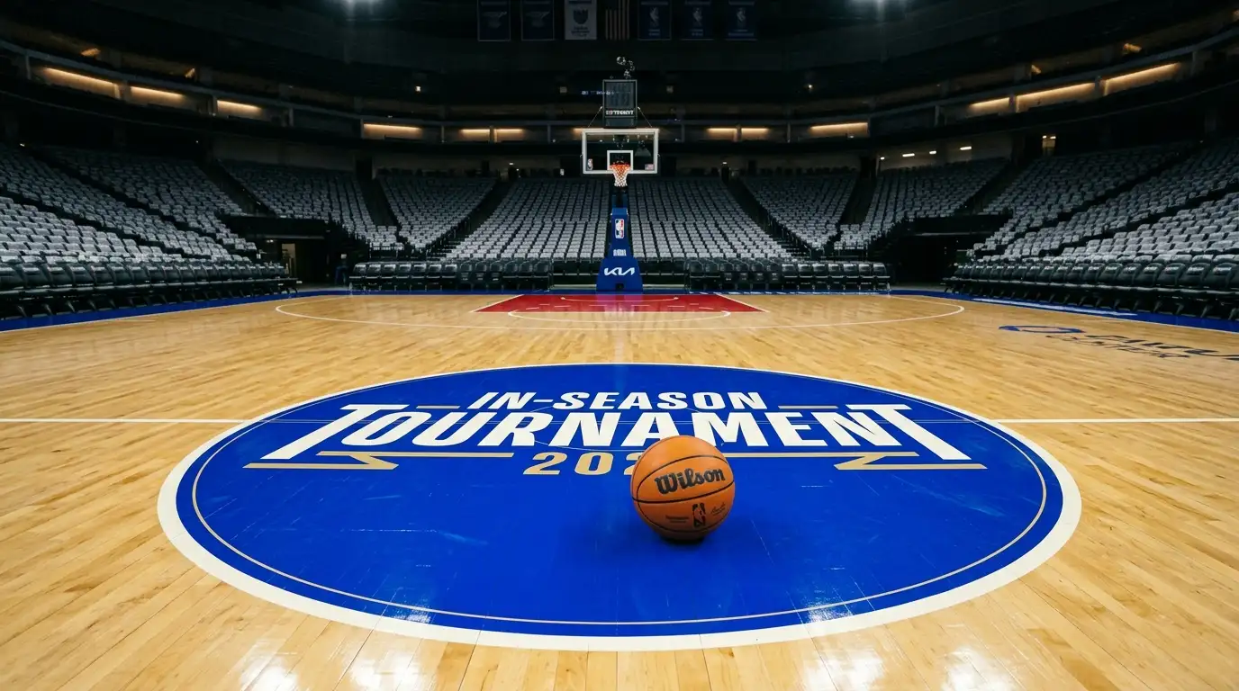NBA Cup tournament court with painted floor referee positioning and betting market context