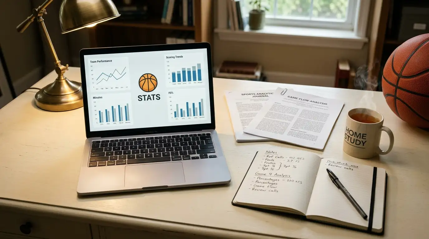 Researcher reviewing NBA Last Two Minute Report data on a laptop alongside printed academic papers and a notebook of game notes