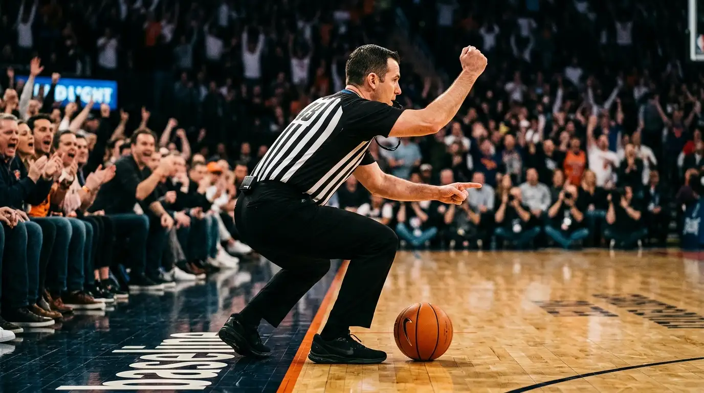 NBA referee leaning in over the baseline of a hardwood basketball court to call a foul in the closing seconds of a close game