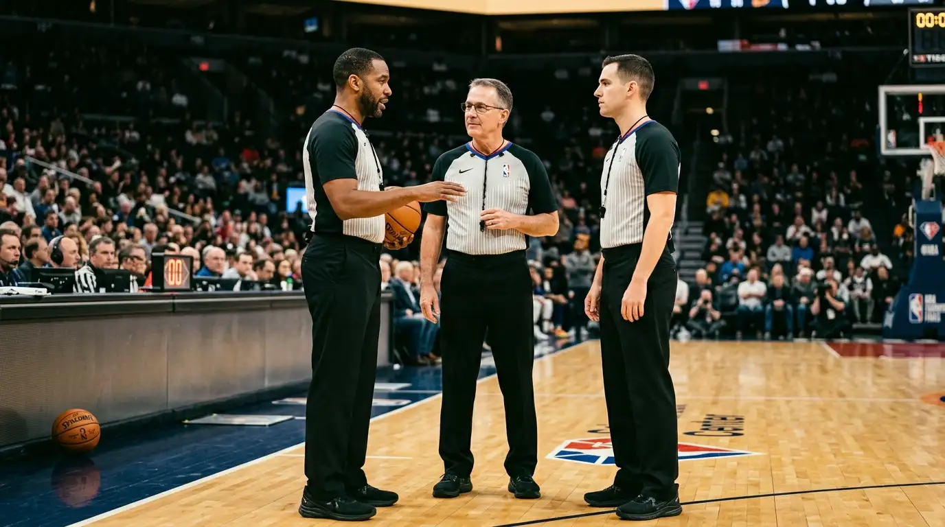 NBA officiating crew of three referees in striped uniforms during a stoppage on the hardwood court near the scorers table