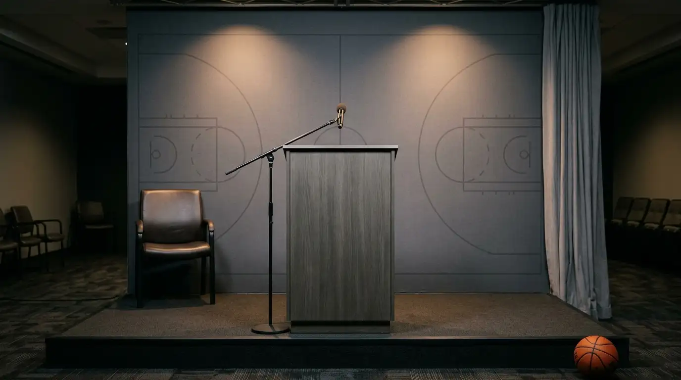 Empty NBA press conference podium with a single microphone and league branding on the back wall inside an arena media room