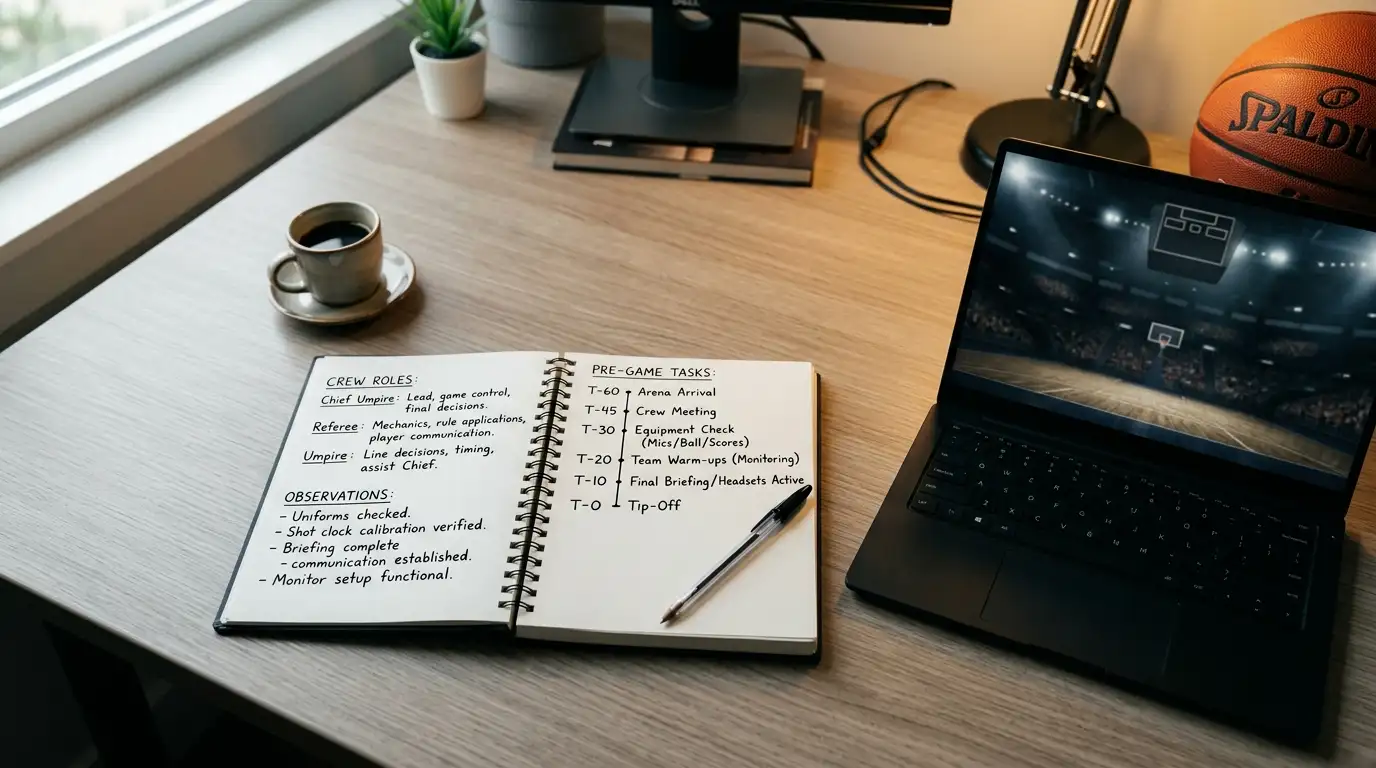 Open notebook with handwritten NBA crew chief names and game notes resting on a desk next to a laptop showing an arena scoreboard