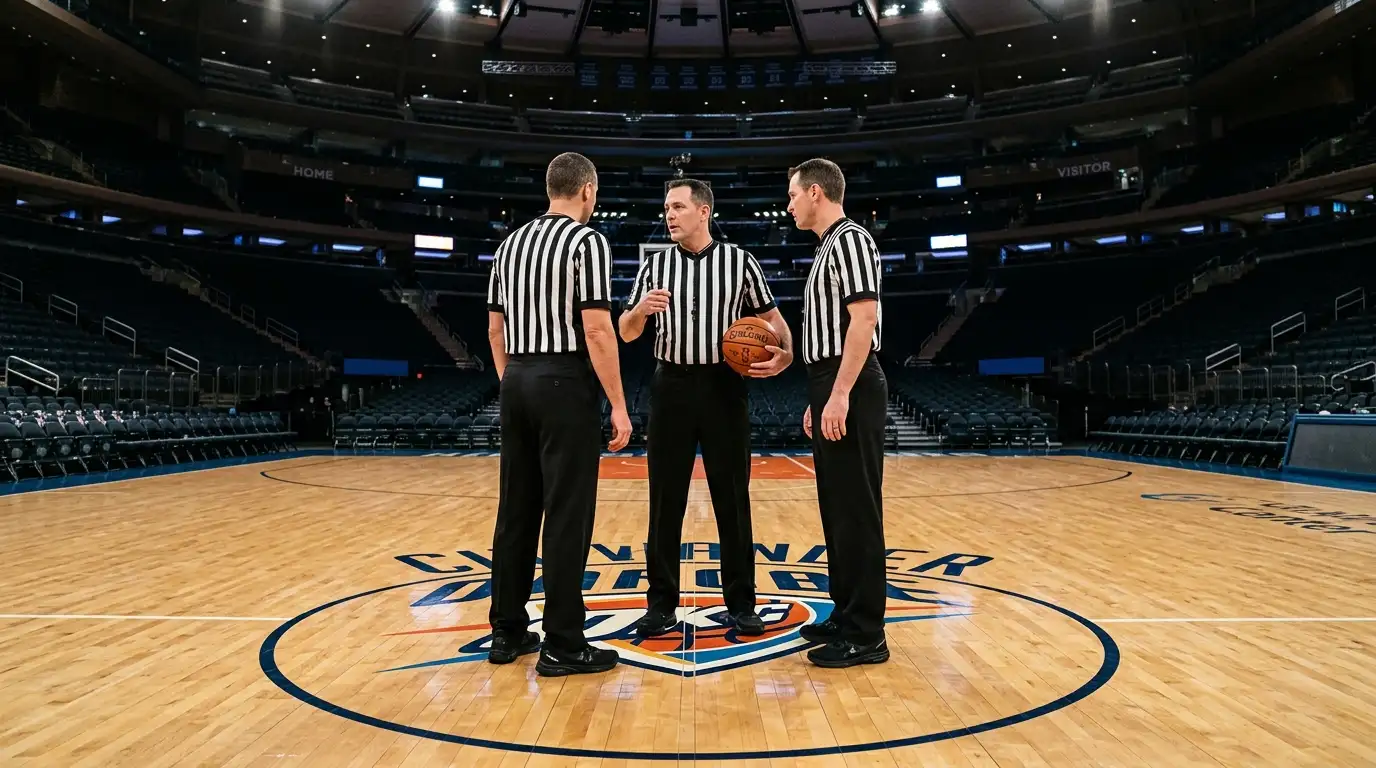 Three NBA referees in black-and-white striped jerseys standing together at centre court of a hardwood basketball arena before tip-off, the lead official holding an orange basketball