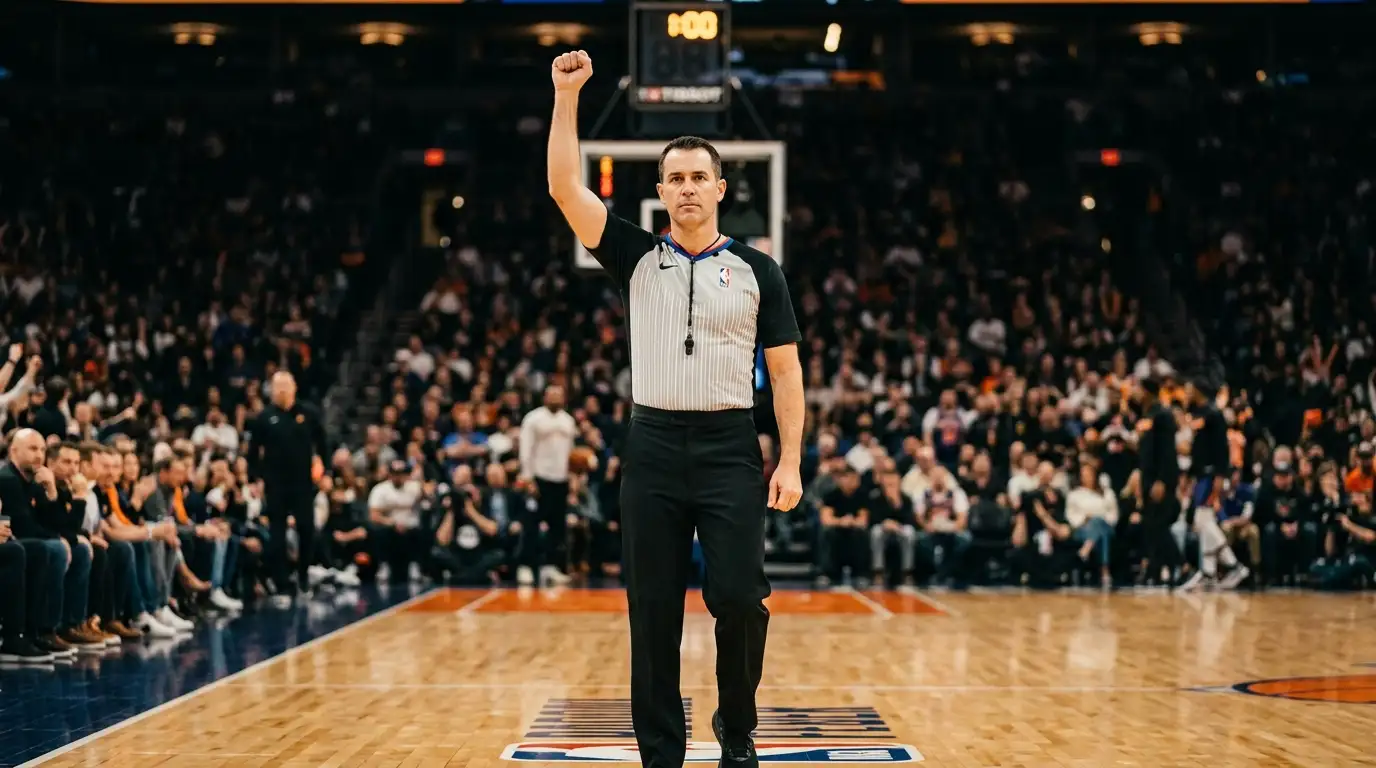 NBA referee in striped officiating uniform signalling a foul call on the court under arena lights