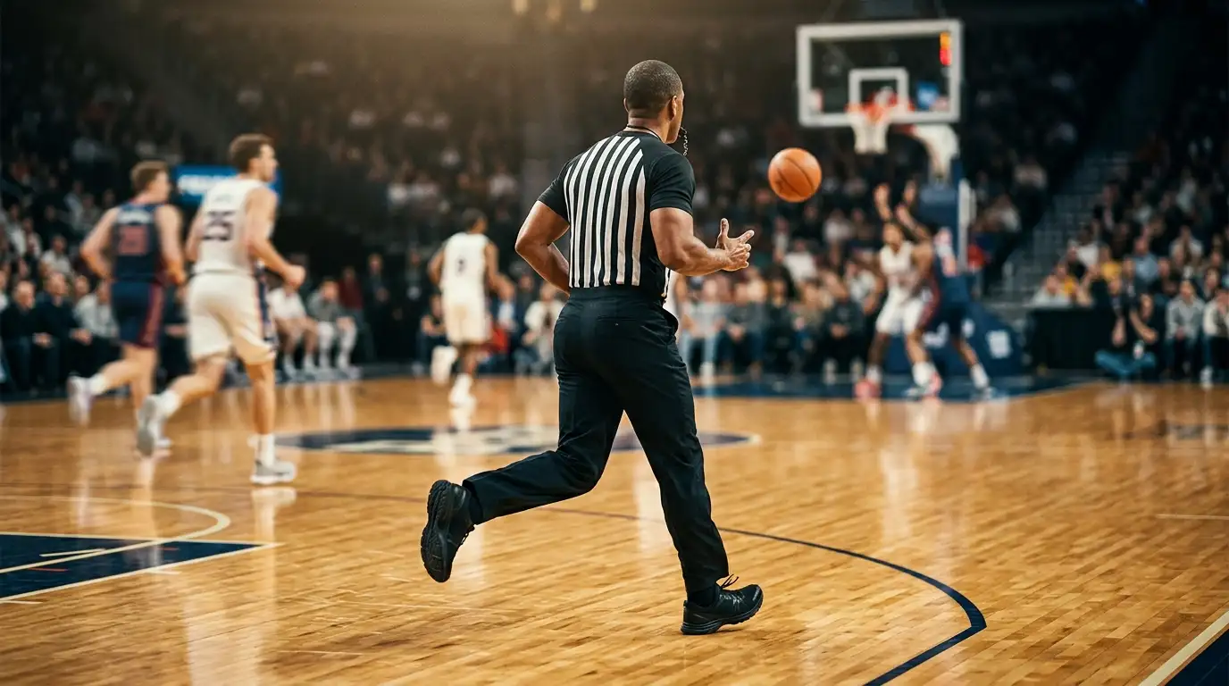 NBA referee in a black-and-white striped jersey mid-stride down a hardwood basketball court, observing a play with one hand raised in a foul signal