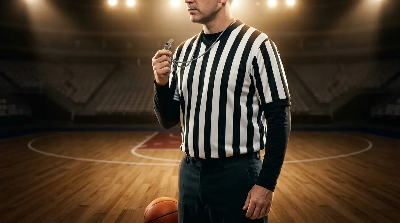 Close portrait of an NBA referee in a black-and-white striped jersey on a hardwood basketball court, holding a whistle just below his mouth before a tip-off