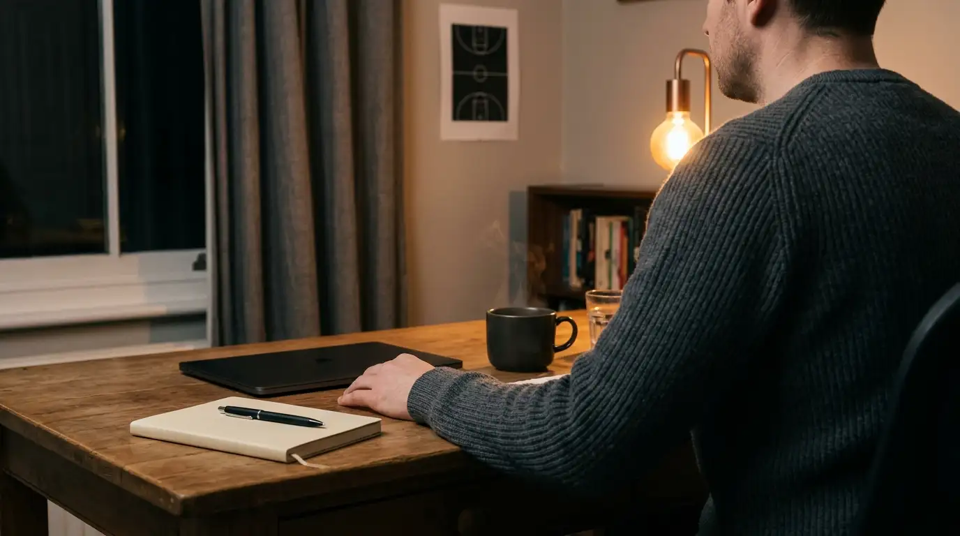 UK adult sat thoughtfully at a desk at night with a cup of tea and notebook beside a closed laptop, soft lamp light in a calm home setting