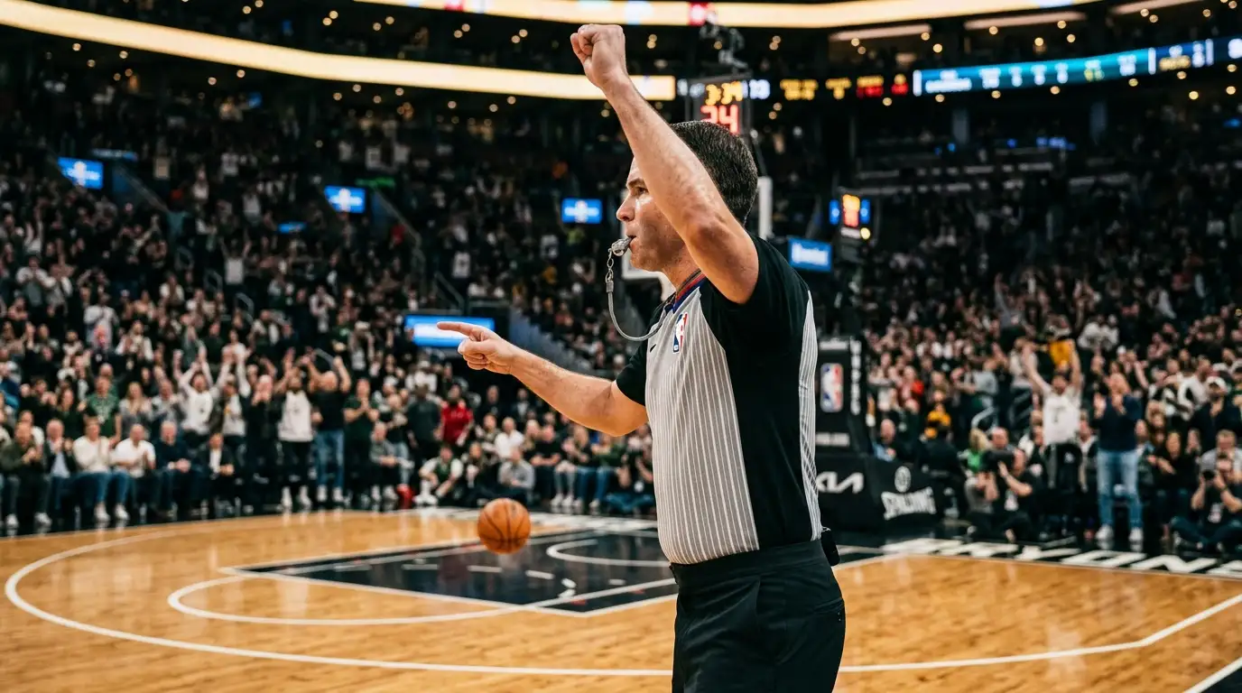 NBA referee in a black-and-white striped jersey blowing a whistle and signalling a foul on a polished hardwood basketball court